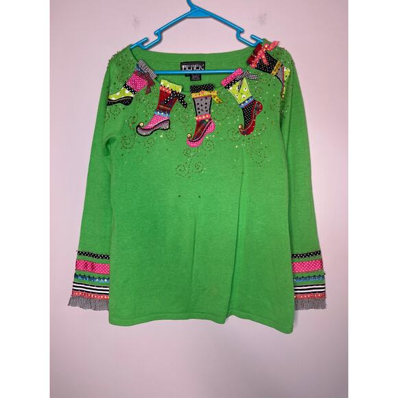 2000s Berek 2 Lime Green Ribbon Stockings Christmas Sparkle Maximalist Sweater M - Picture 1 of 7